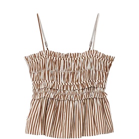 Brown and white striped cami top with smocked bodice, ruffle tiers, and adjustable spaghetti straps