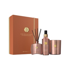 Rituals Suede Vanilla Home Fragrance Set with reed diffuser, room spray, and candle in rose gold packaging with orange gift box