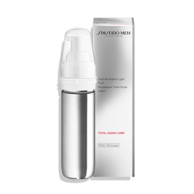 Shiseido Men Total Revitalizer Light Fluid Refill in silver pump dispenser bottle with white outer box packaging.
