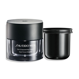 Shiseido Men Skin Empowering Cream Refill shown alongside its black jar, displaying both the refill pot and open lid