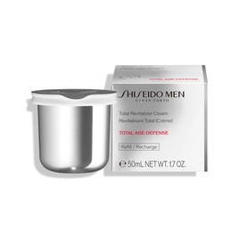 Shiseido Men Total Revitalizer Cream Refill 50ml, silver pot beside branded outer box packaging