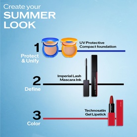 Shiseido Summer Look set featuring Tanning Compact Foundation SPF10, Imperial Lash Mascara Ink, and Technosatin Gel Lipstick