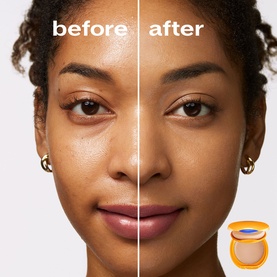 Model with Shiseido Tanning Compact Foundation SPF10 Refill before and after split-face comparison showing coverage and radiance results.