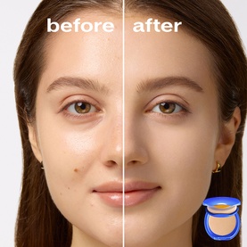 Model with Shiseido UV Protective Compact Foundation SPF30 Refill before and after application, showing improved even skin tone and coverage.