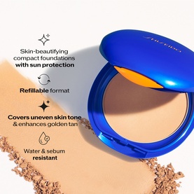 Shiseido UV Protective Compact Foundation SPF30 in open blue compact, showing tan pressed powder with key benefit callouts on cream background.