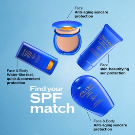 Shiseido UV Protective Compact Foundation SPF30 and SPF sun care range displayed on blue background with "Find your SPF match" text
