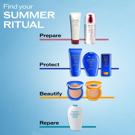 Shiseido Summer Ritual skincare and sun protection range displayed in four steps: Prepare, Protect, Beautify, Repare