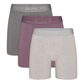 Skims Boxers 3Pk in Iris Heather Multi, set of three boxer briefs in grey, mauve, and light pink with branded waistbands