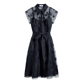 Hobbs midnight navy sheer organza dress with spot print, cap sleeves, shirt collar, and self-tie waist belt, full skirt