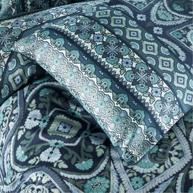 Vantona Kizzi Mandala Duvet Set in navy, featuring teal and white paisley and geometric print, 100% cotton, shown in close-up detail.