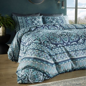 Vantona Kizzi Mandala Duvet Set Navy, paisley and mandala print cotton bedding styled on a double bed with two pillowcases