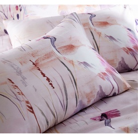 Vantona Oriental Duvet Set in multi, cream base with watercolour crane and botanical print, shown on pillowcases and duvet cover
