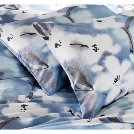 Vantona Osaka Duvet Set in multi, blue watercolour whale and bird print, 100% cotton, shown with matching pillowcases