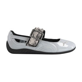 Silver patent mary jane flat with snakeskin-effect strap, jewelled buckle detail, and black rubber sole