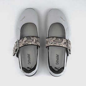 Puma grey mary jane flats with snake-print strap and Ortholite insole, viewed from above, white sole visible