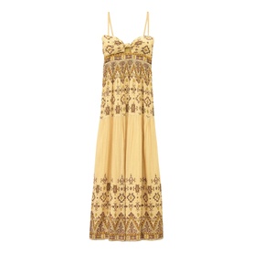 Bash yellow maxi dress with thin straps, empire waist, and intricate brown embroidered aztec-style pattern throughout