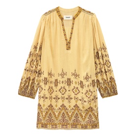 Bash yellow long-sleeve mini dress with V-neckline and ornate embroidered border print throughout