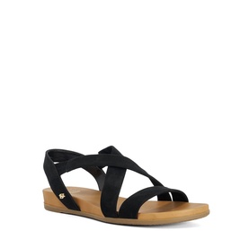 Dune black elastic strappy flat sandal with crossover toe straps and tan lightweight sole