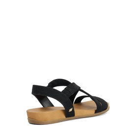 Dune black flat sandal, rear view, elasticated straps, tan midsole and insole