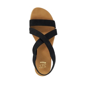 Dune black flat sandal, top-down view, crossover elastic straps and tan footbed