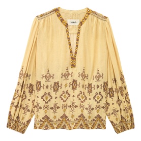 Bash yellow long-sleeve blouse with V-neckline, embroidered geometric border print and shoulder embellishment details