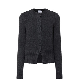 Aligne grey wool-blend cardigan with button front, crew neck, and ribbed hem and cuffs