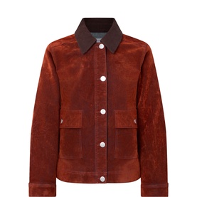 Aligne orange corduroy jacket with dark brown collar, front patch pockets, and silver snap buttons. No model.