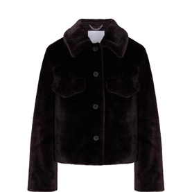 Aligne brown faux fur jacket with shirt collar, front button fastening and dual chest pockets