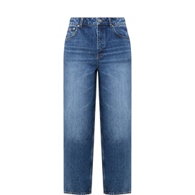 Aligne blue wide-leg cropped jeans in 100% cotton denim with faded wash and five-pocket styling