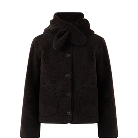 Aligne brown teddy fleece jacket with button front, patch pockets, and oversized scarf collar detail
