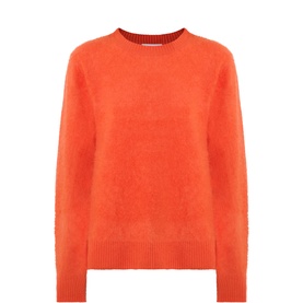 Aligne Adrianna Fuzzy Sweater in orange, crew neck, balloon sleeves, ribbed trims, 100% wool fuzzy knit