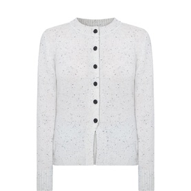 Aligne neutral speckled wool cardigan with dark button placket, ribbed cuffs and hem, crew neck