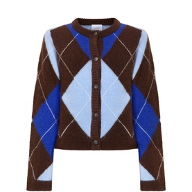 Aligne argyle knit cardigan in brown, cobalt blue and light blue with button front fastening and crew neckline