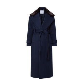 Aligne navy wool-blend longline coat with contrast faux fur collar, wrap front, self-tie belt and cuffed sleeves