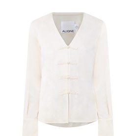 Aligne white long-sleeve shirt with V-neck and decorative frog button fastening, flat lay view