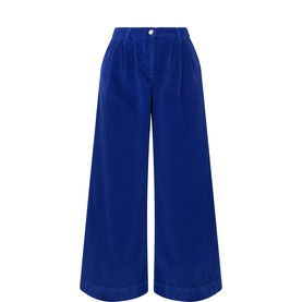Aligne blue wide leg corduroy trousers with pleated front, high waist, and wide cropped hem