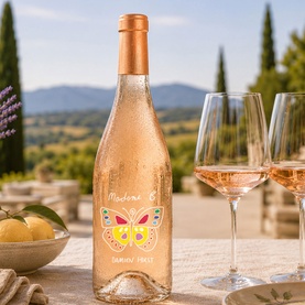 Chateau La Coste Madame B 2025 75cl ros&eacute; wine bottle with butterfly label, styled with wine glasses and fruit bowl in outdoor Proven&ccedil;al setting