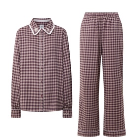 Chelsea Peers Maroon Gingham Check pyjama set in cotton, featuring button-up shirt with collar and wide-leg trousers