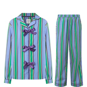 Chelsea Peers Multi Stripe cotton pyjama set with purple bow fastenings on long-sleeve shirt and wide-leg trousers