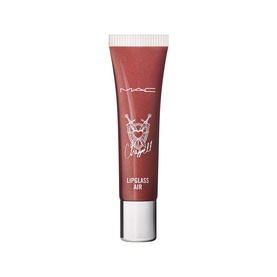 MAC Lipglass Air lip gloss in Damnsel, sheer terracotta-brown shade in clear squeeze tube with branded cap