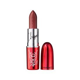 MAC Lustreglass Sheer-Shine Lipstick in Roan of Arc, red limited-edition bullet with decorative engraved silver and red cap