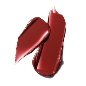MAC Lustreglass Sheer-Shine Lipstick in Roan of Arc; two glossy deep red swatches showing creamy texture and shine finish.