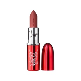 MAC MACximal Silky Matte Lipstick in UnNatural Redhead, red bullet with decorative silver-detailed red case and open cap