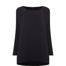 Oska black polyester blouse with bateau neckline, three-quarter sleeves, and curved hem, shown flat