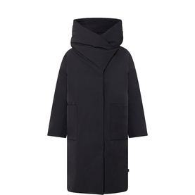 Oska black oversized hooded coat with wrap neckline, patch pockets, and relaxed silhouette in polyamide-cotton blend