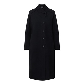 Oska Fold-Down Wrap Coat in black, featuring fold-down collar, front button placket, long sleeves and balloon hem silhouette.