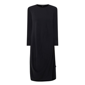Oska Solid Draped Dress in black, round neckline, long sleeves, asymmetric draped hem, midi length, fluid silhouette