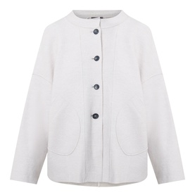 Oska Patch Pocket Knitted Cardigan in ecru, round neckline, front button fastening, two patch pockets, exposed seam detailing