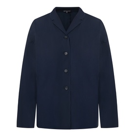 Oska Single-Breasted Blazer in navy with notch lapel, front button fastening, dropped shoulders, and fluid silhouette