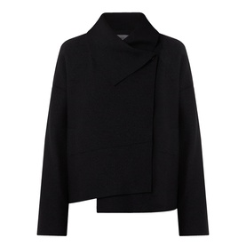 Oska Fold-Down Wrap Jacket in black, fold-down collar, asymmetric hem, dropped shoulders, long sleeves, knit construction